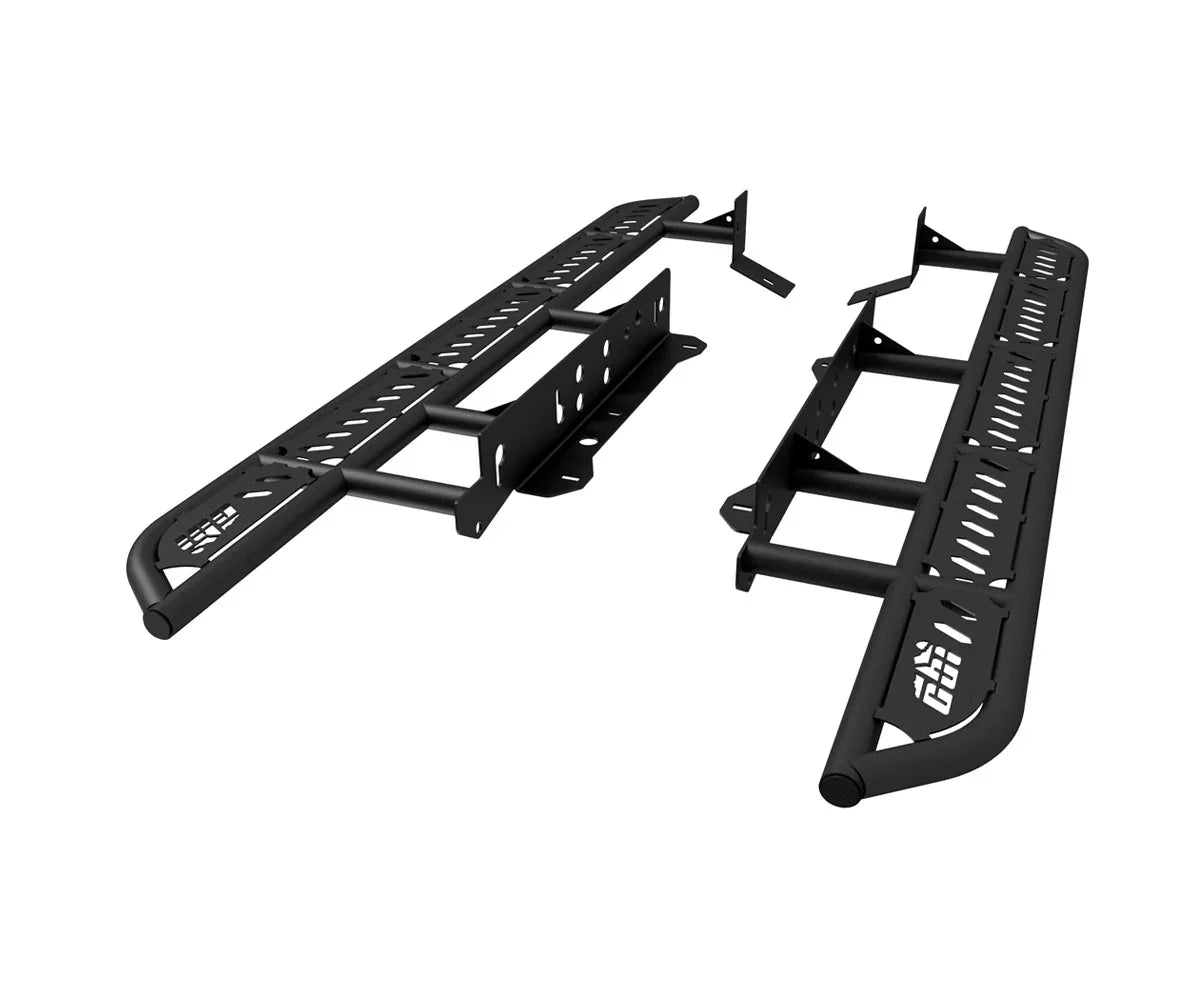 Black steel rock sliders for Toyota Tacoma, heavy duty off-road side steps, isolated on white
