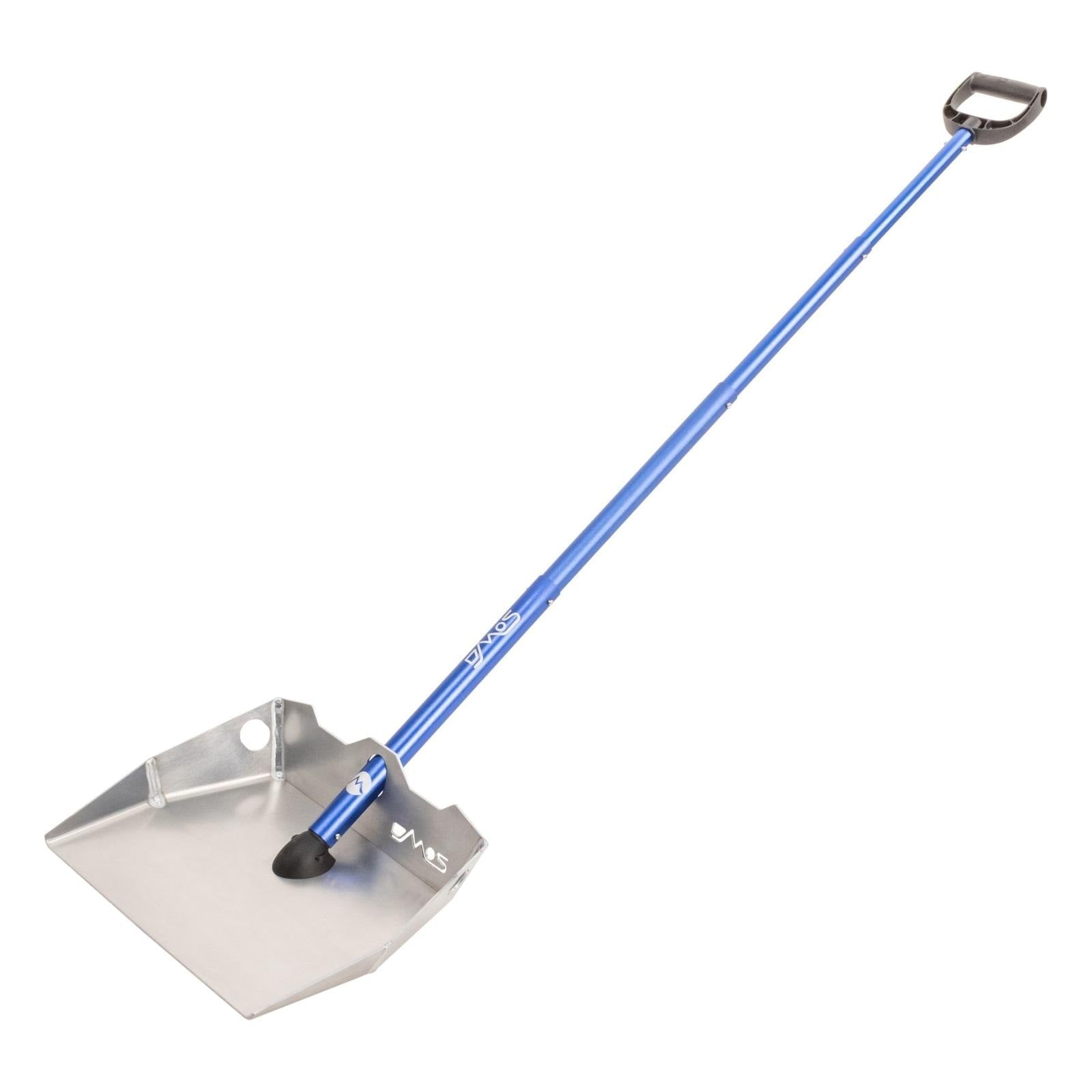 Heavy-duty blue-handled aluminum shovel with wide blade for overlanding or camping gear