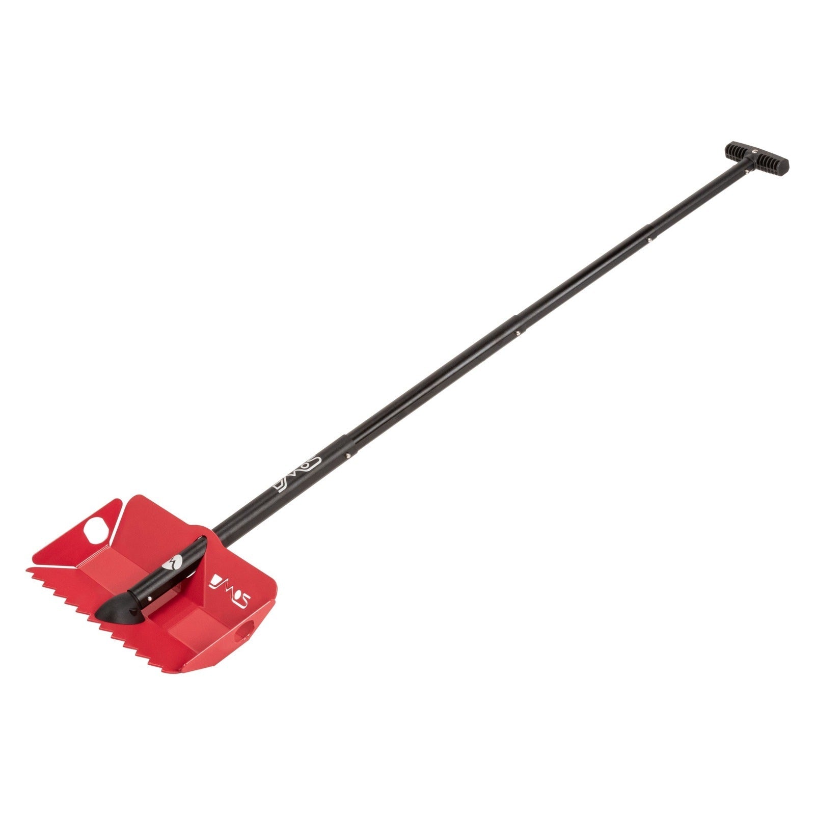 Racing red metal overlanding shovel with serrated edge and black telescopic handle