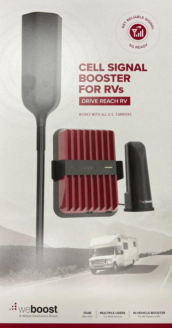 Cell signal booster for RVs, weBoost Drive Reach RV kit, with antenna and red booster unit, ideal for overlanding and adventure vehicles.