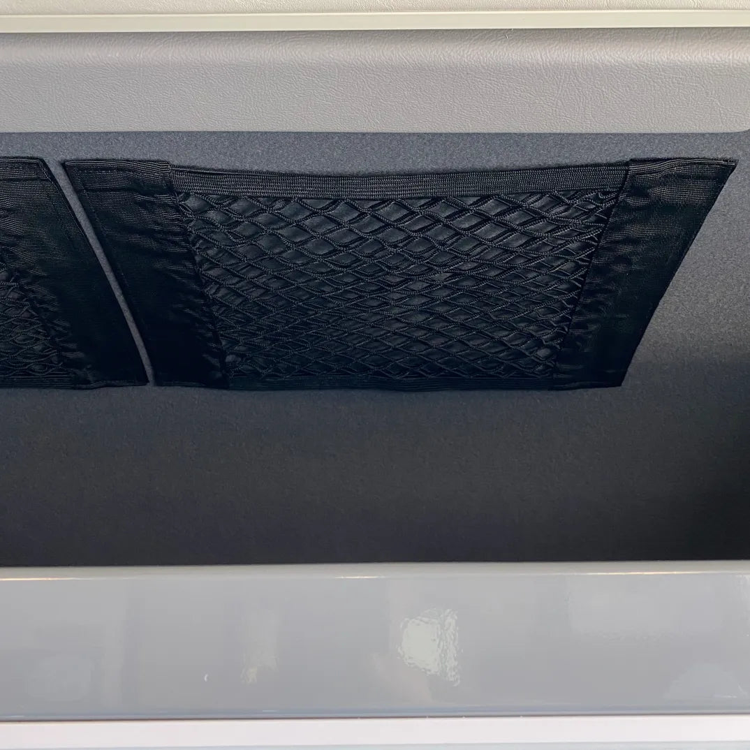 Vehicle interior storage net organizer for overlanding and camping gear