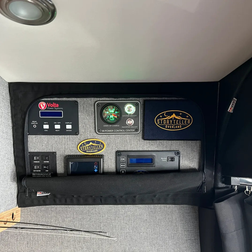 Overland vehicle power control panel with gauges, switches, and Storyteller Overland badges