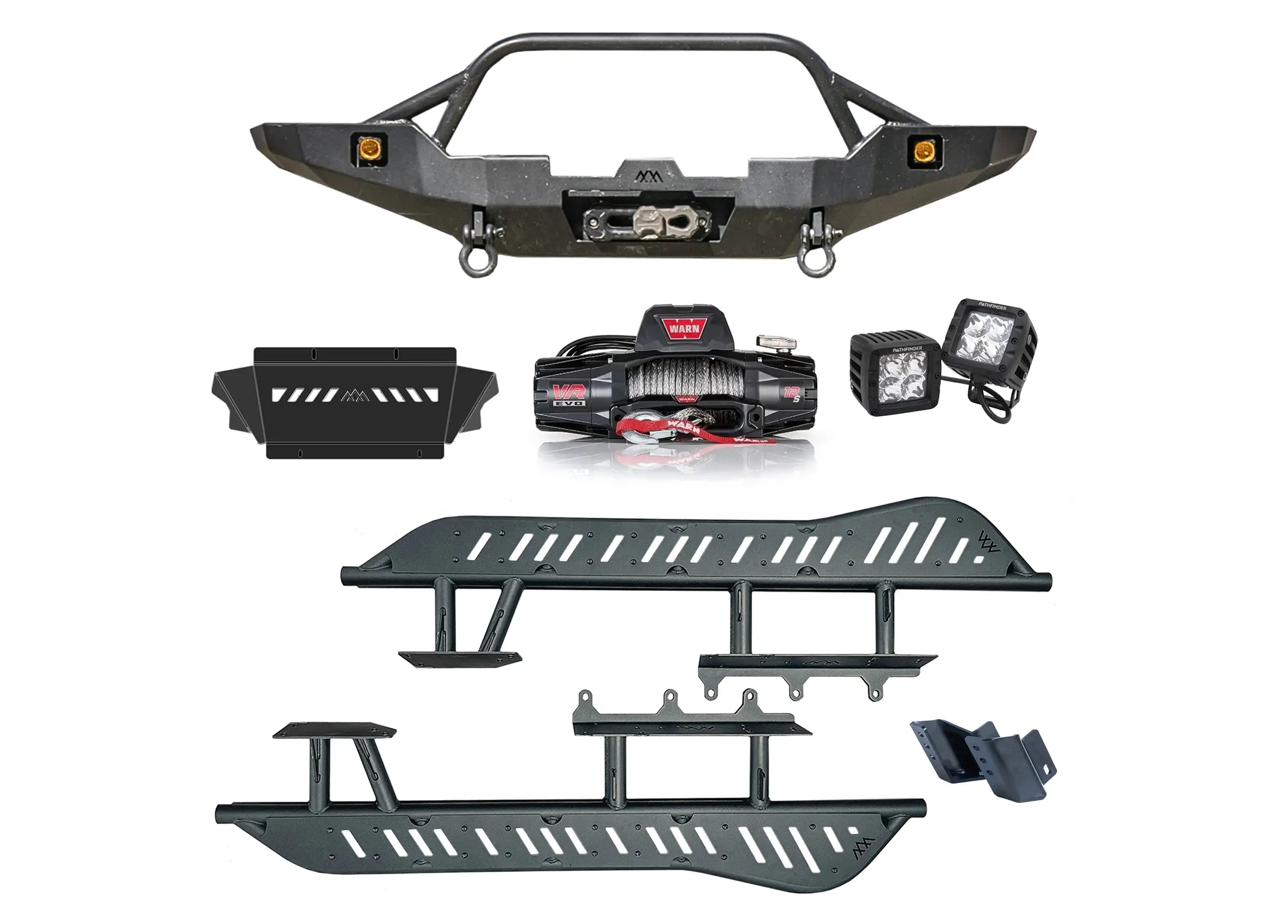 Backwoods Adventure Mods 5th Gen Toyota 4Runner Trail-Ready Off Road Kit bundle including Hi-Lite Overland Front Bumper, Skid Plate connector, Rock Sliders, Warn Winch, and Pathfinder Off Road Pod Lights