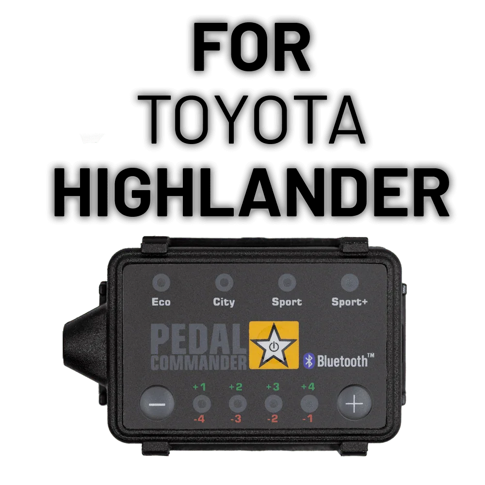 Pedal Commander throttle controller for Toyota Highlander, features Eco, Sport, and Bluetooth modes.