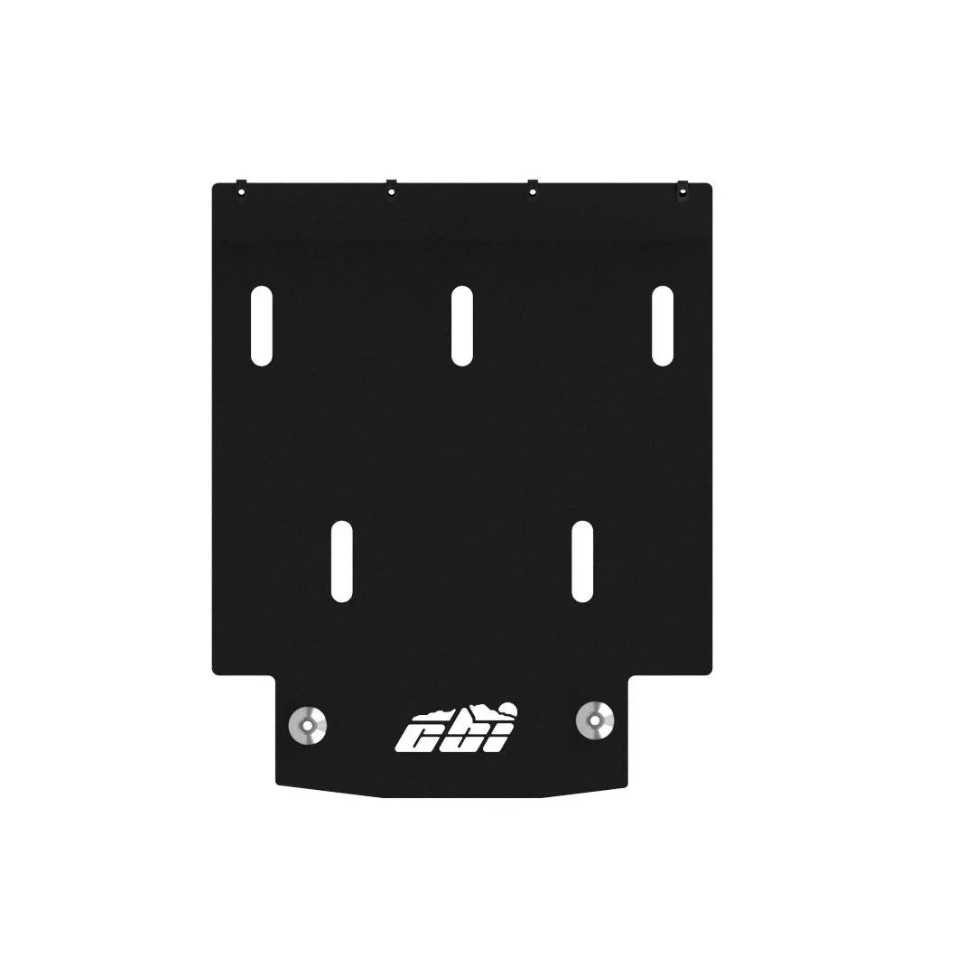 Black metal transmission skid plate with slotted mounting holes for Nissan off-road vehicles