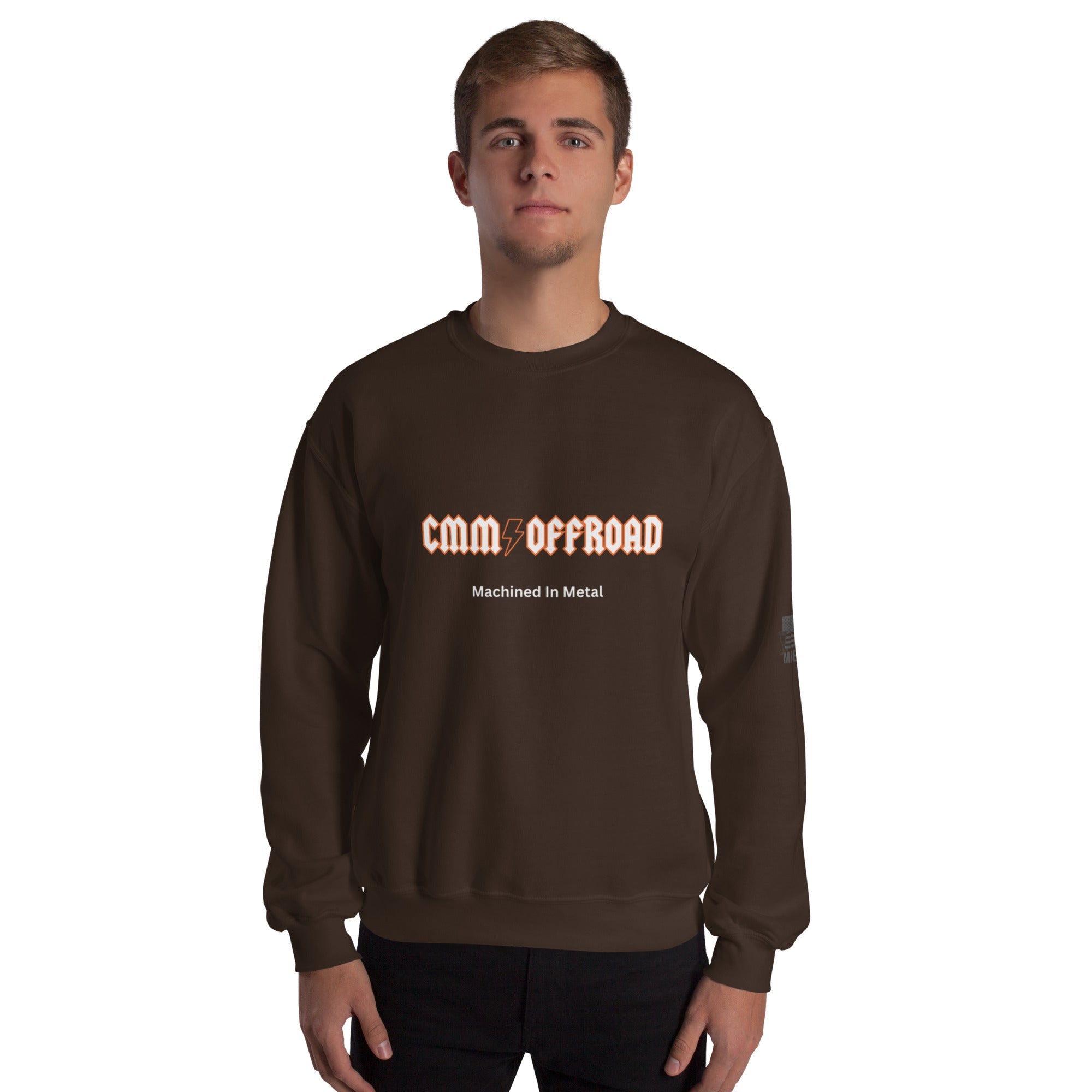 Unisex crew neck sweatshirt in dark chocolate with CMM Offroad Machined In Metal text print