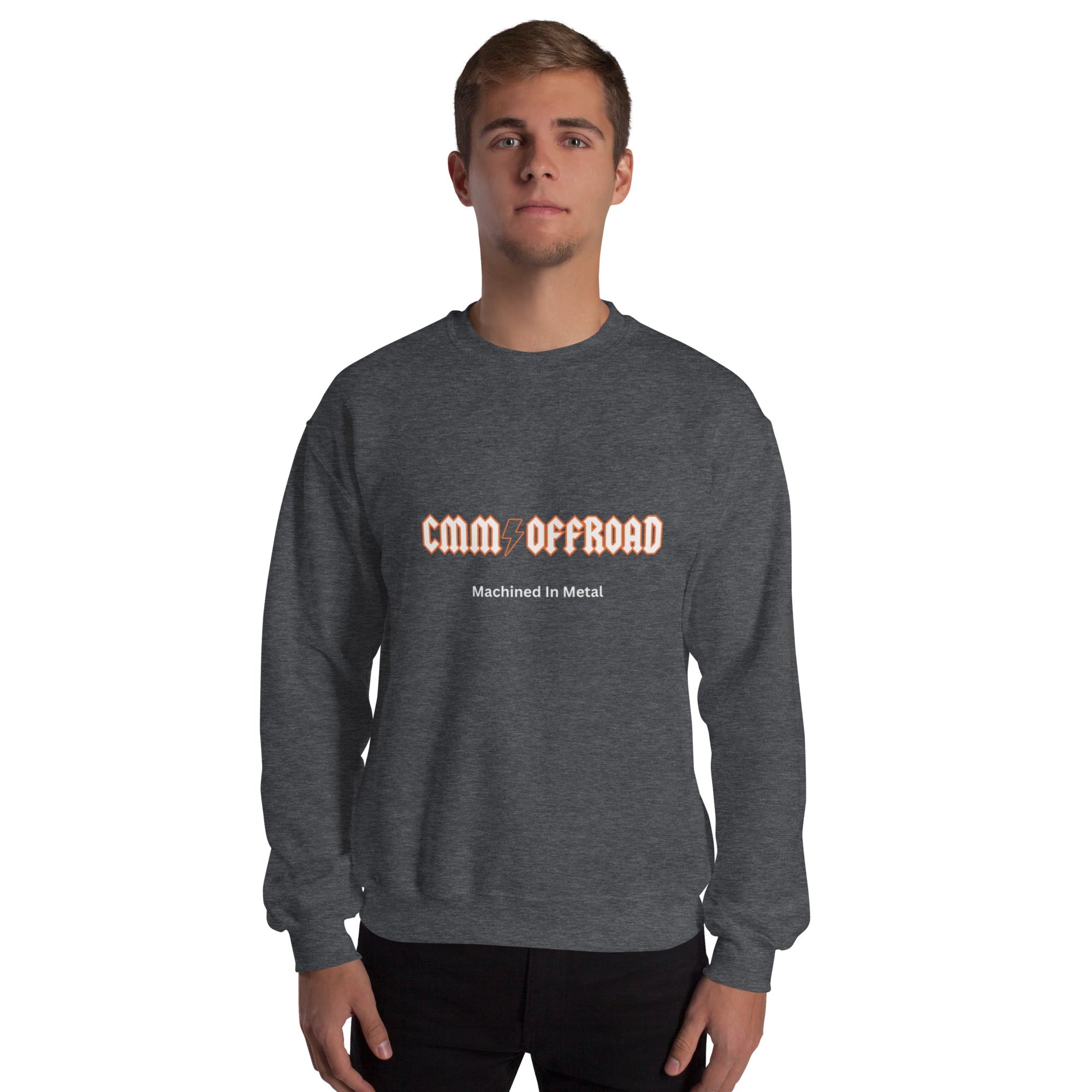 Dark heather unisex crew neck sweatshirt with 'CMM Offroad Machined In Metal' graphic