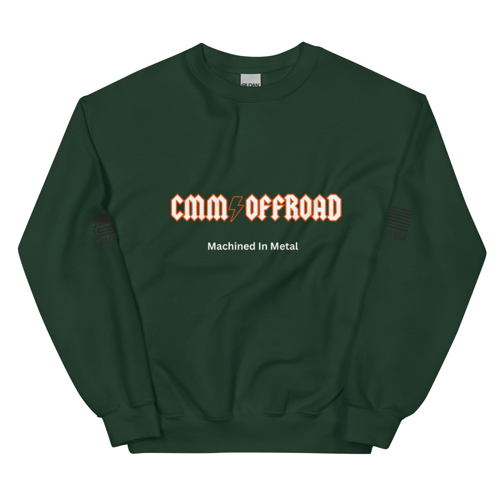 Forest green unisex crew neck sweatshirt with 'CMM Offroad' and 'Machined In Metal' text on front