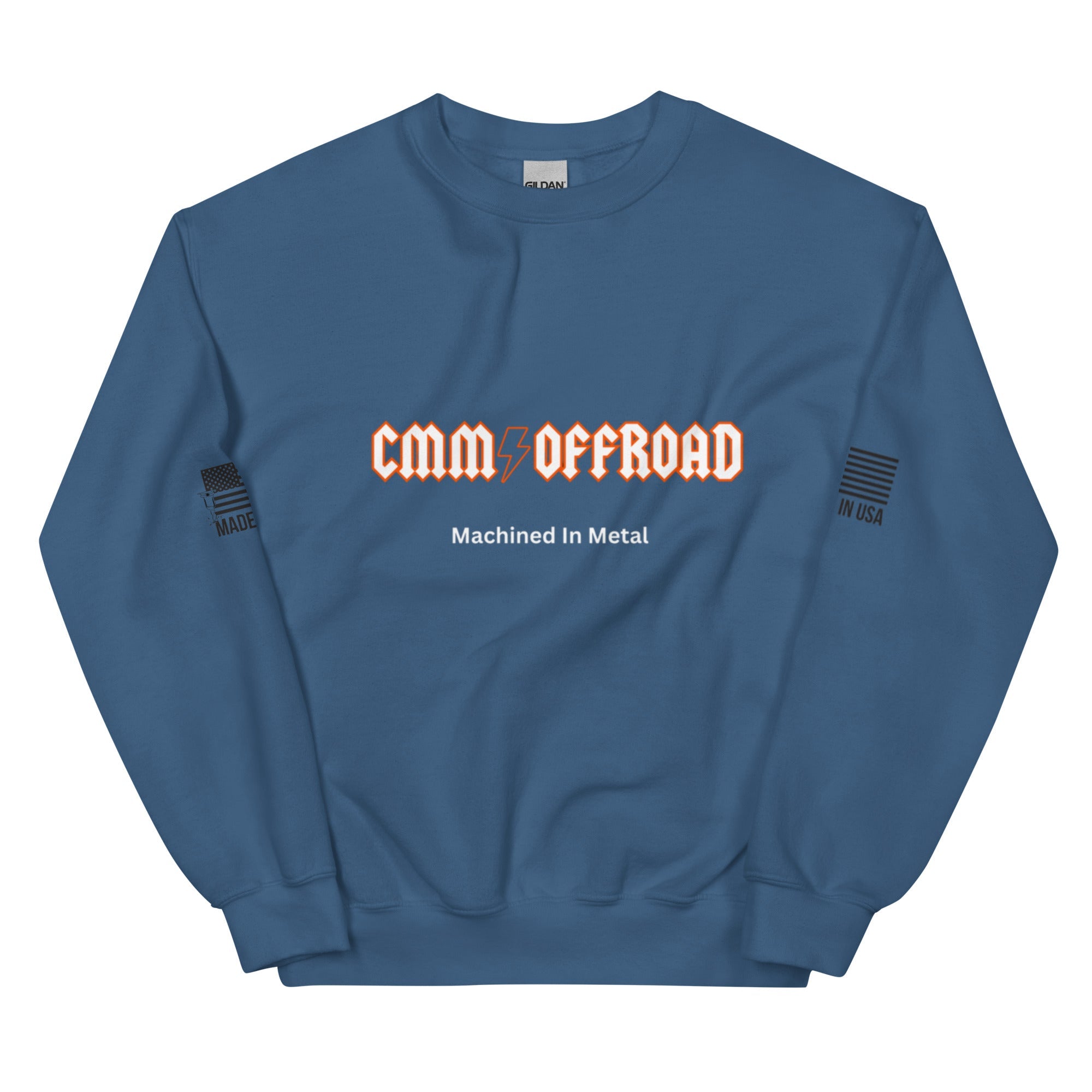 Indigo blue unisex crew neck sweatshirt with CMM Offroad Machined In Metal graphic and Made in USA sleeve prints.