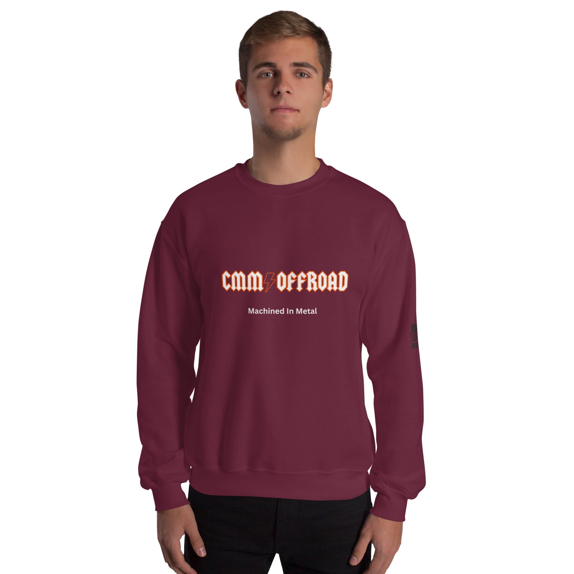 Unisex maroon crew neck sweatshirt with CMM Offroad and Machined In Metal text on front