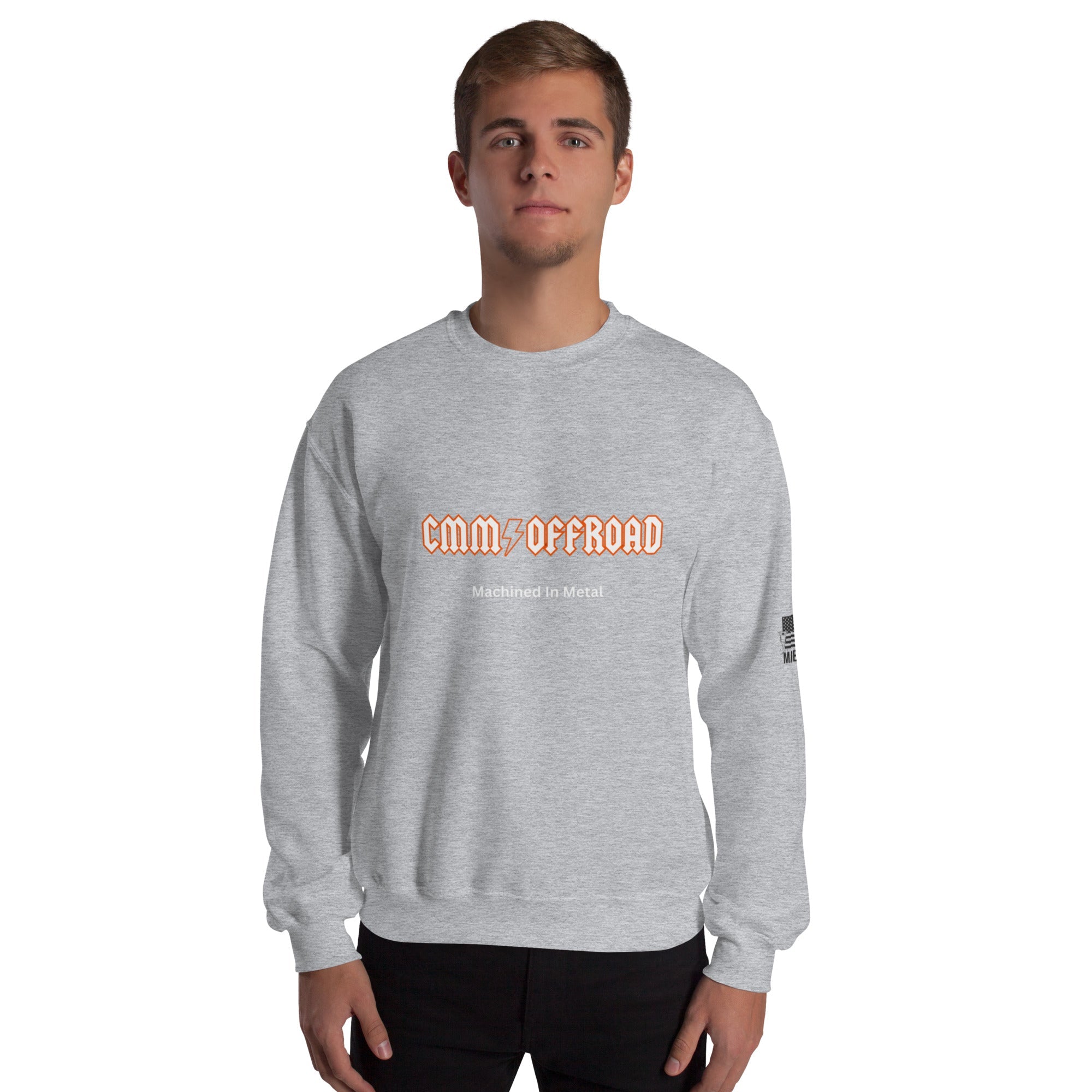 Unisex sport grey crew neck sweatshirt with 'CMM Offroad Machined In Metal' text, front view