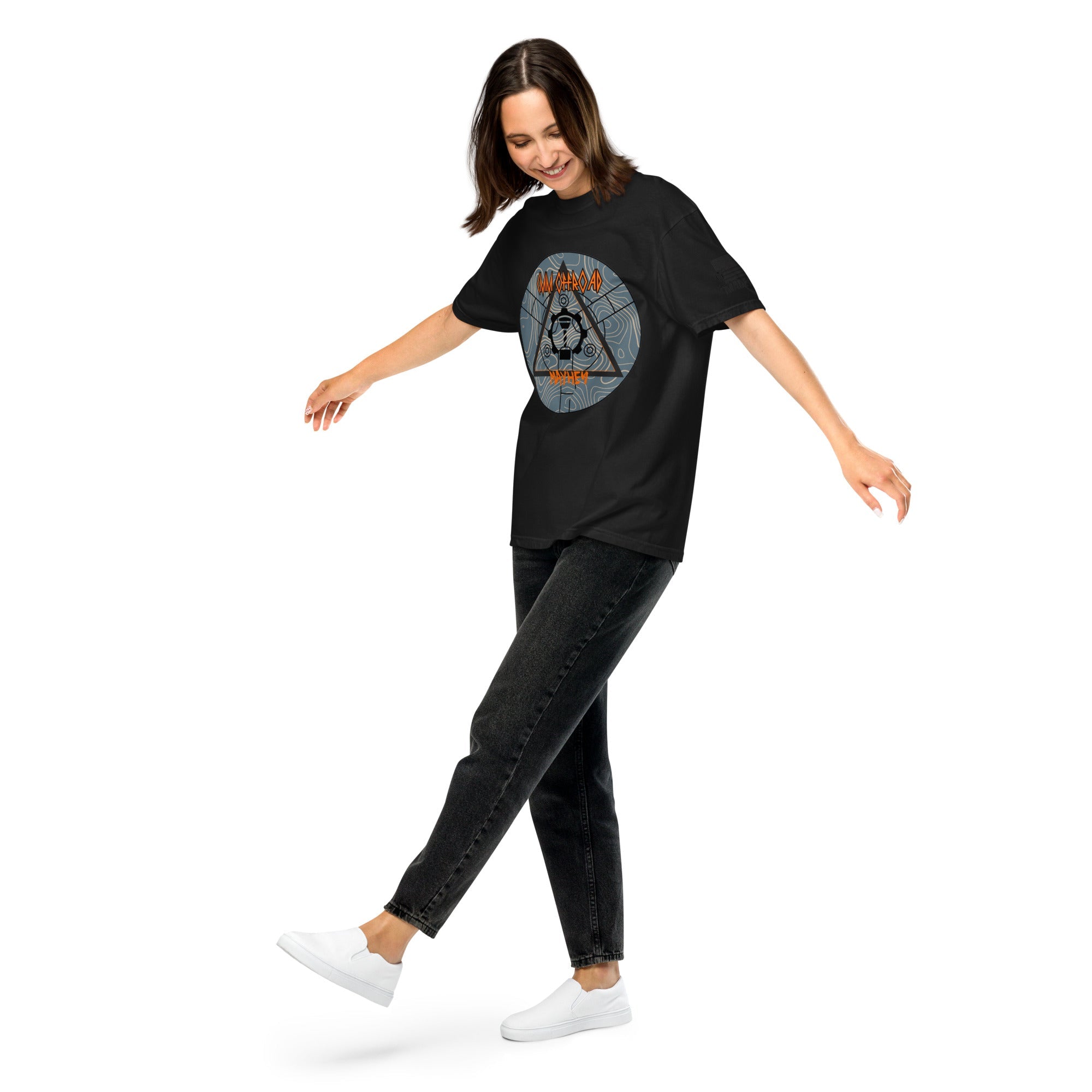 Woman wearing black unisex garment-dyed heavyweight t-shirt with outdoor graphic design