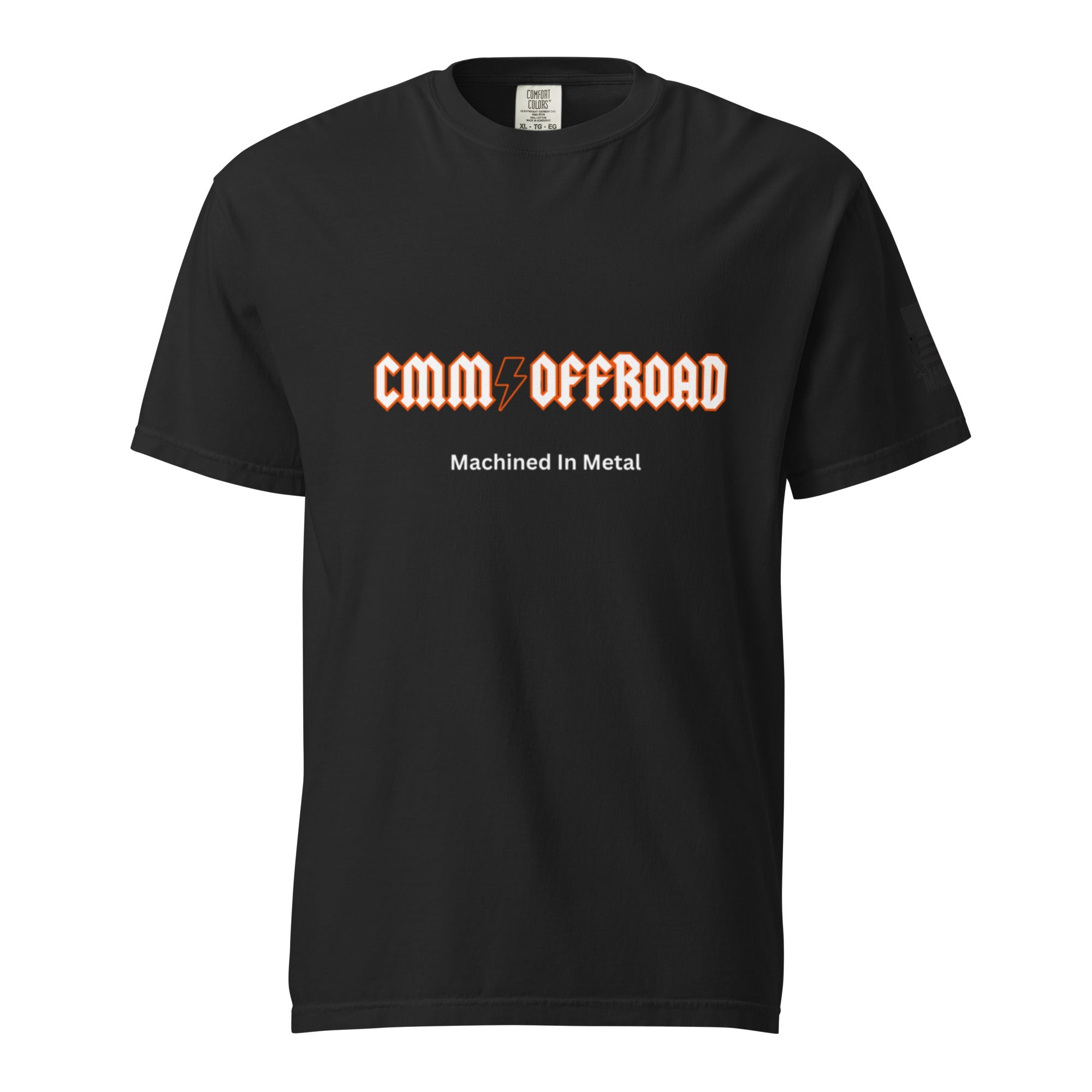Unisex black heavyweight t-shirt with 'CMM Offroad Machined In Metal' graphic on front