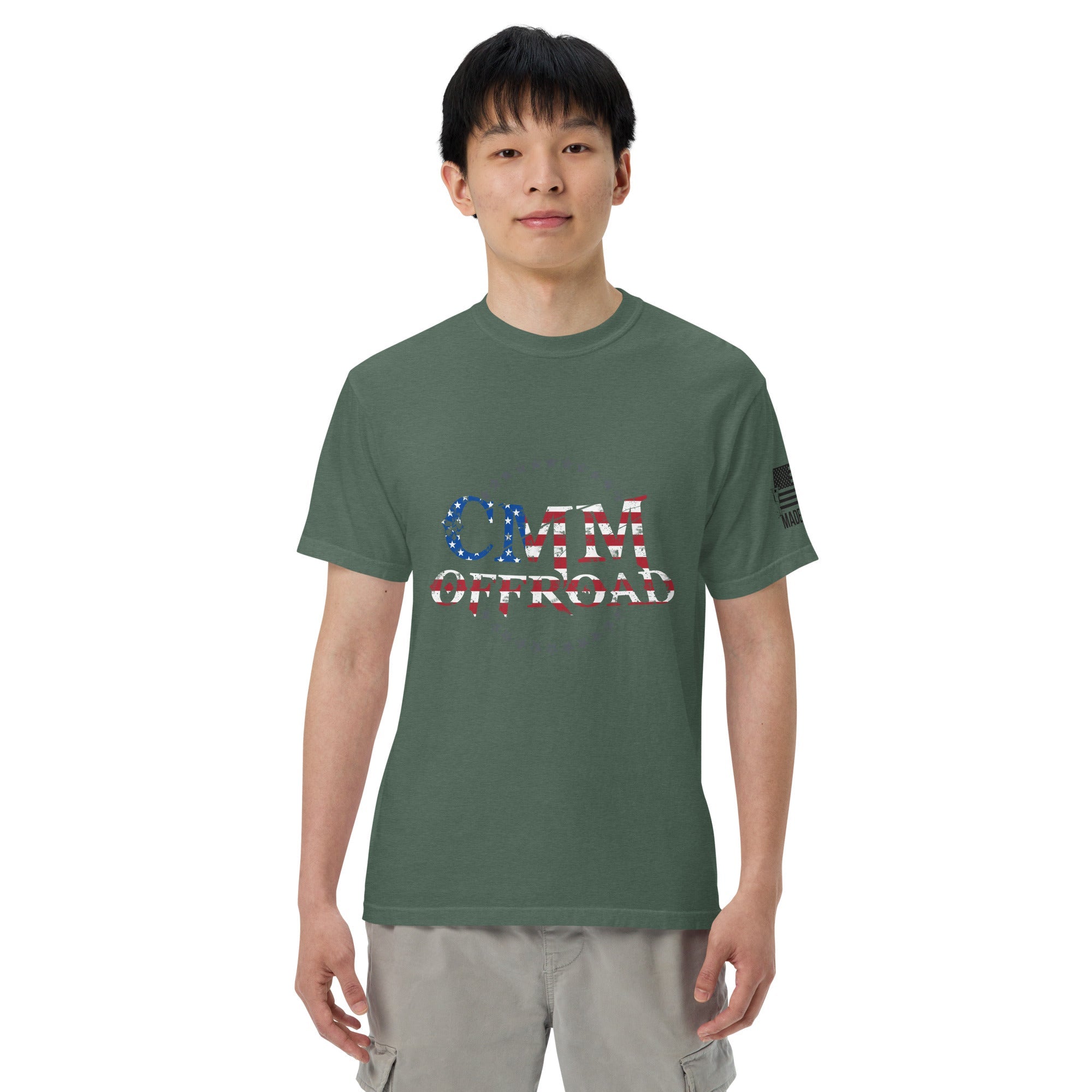 Unisex blue spruce heavyweight t-shirt with USA flag CMM Offroad print, front view