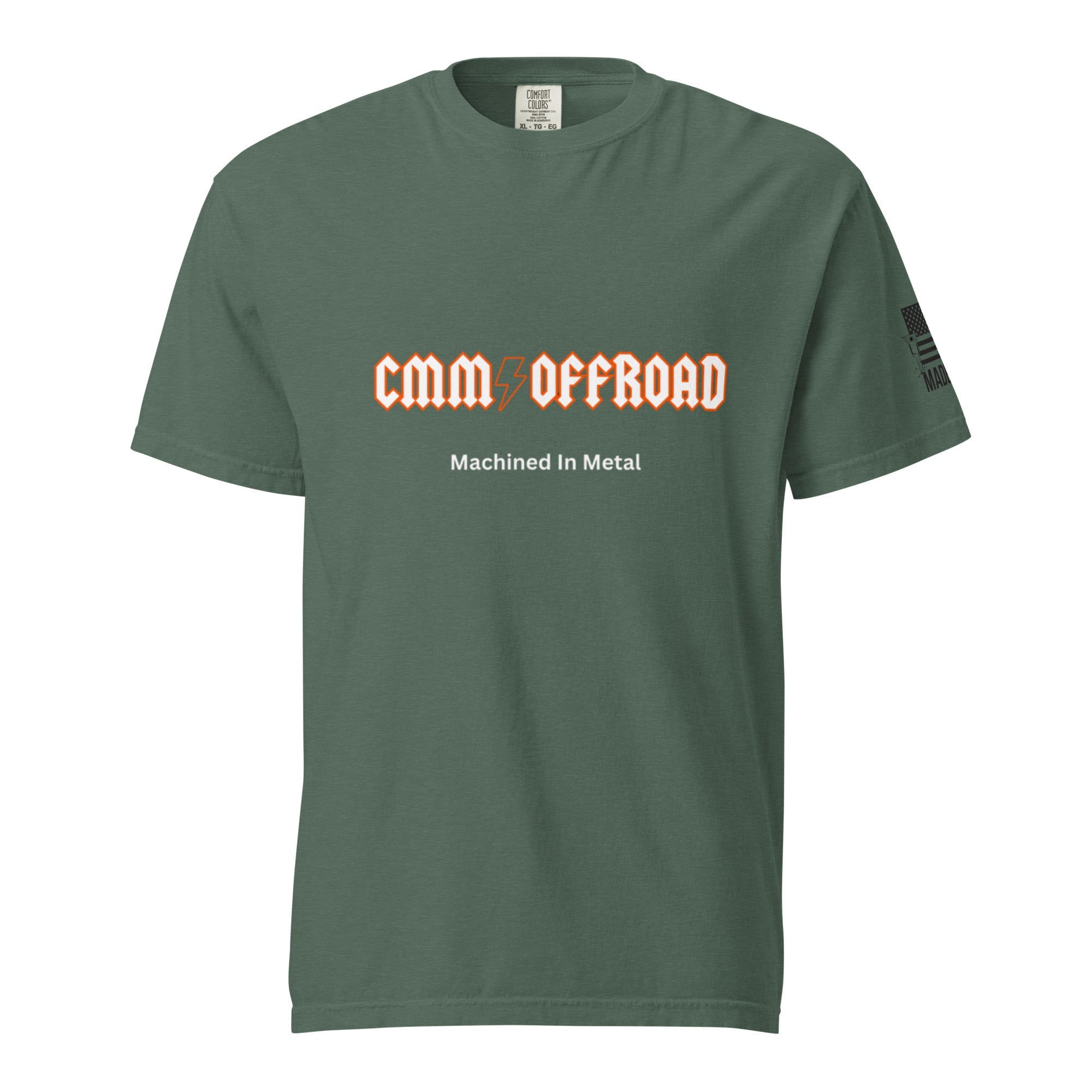 Unisex blue spruce heavyweight t-shirt with 'CMM Offroad Machined In Metal' graphic on front