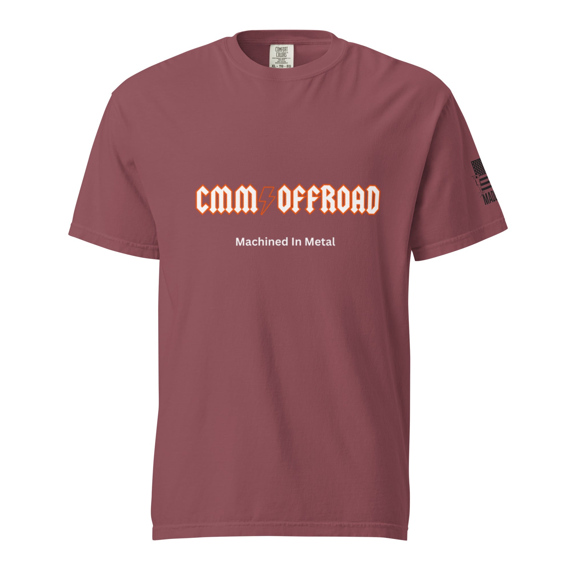 Unisex brick red heavyweight t-shirt with 'CMM Offroad Machined In Metal' graphic on front.