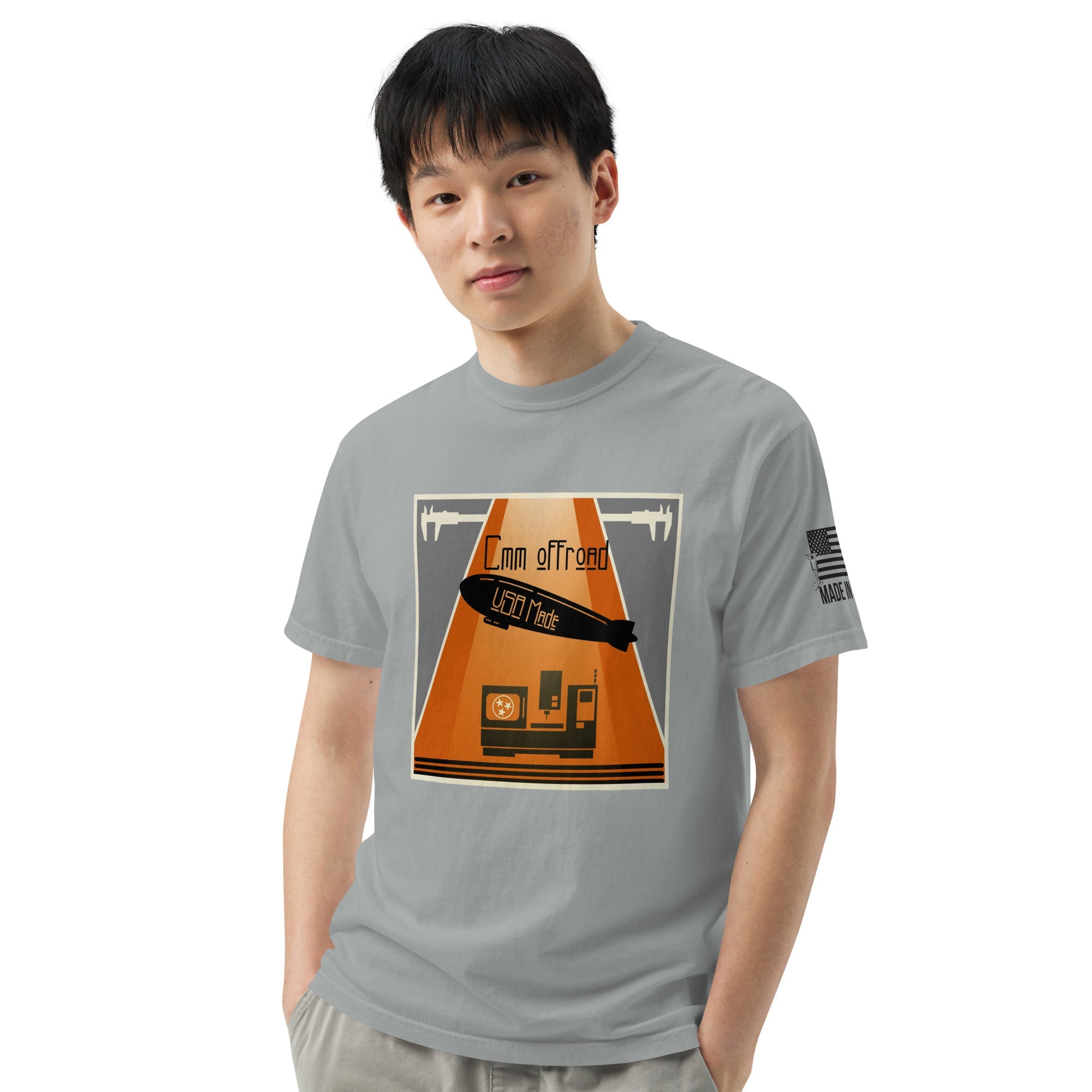Unisex granite-grey heavyweight t-shirt with vintage off-road graphic print, front view