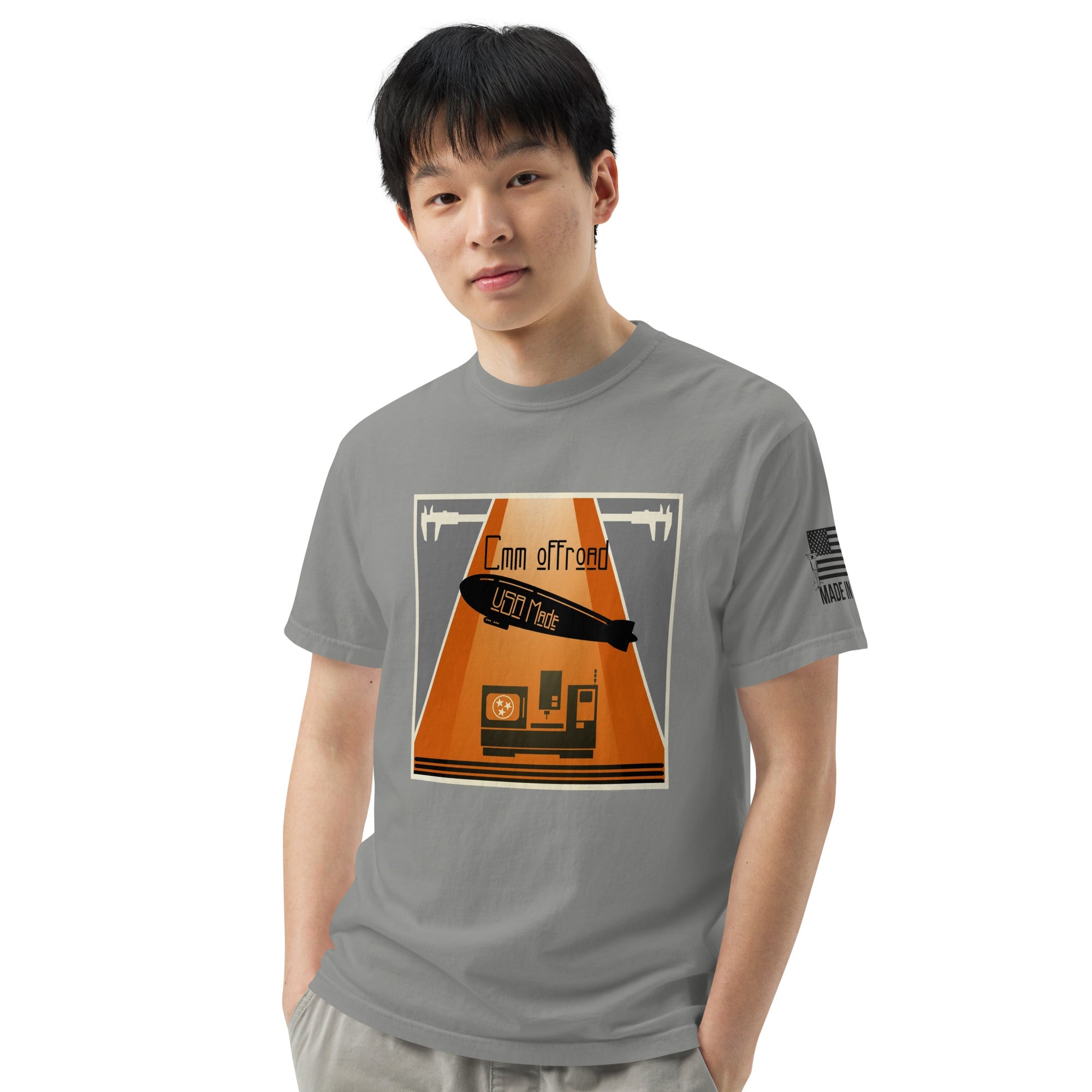 Unisex grey heavyweight t-shirt featuring graphic print with off-road and USA Made text