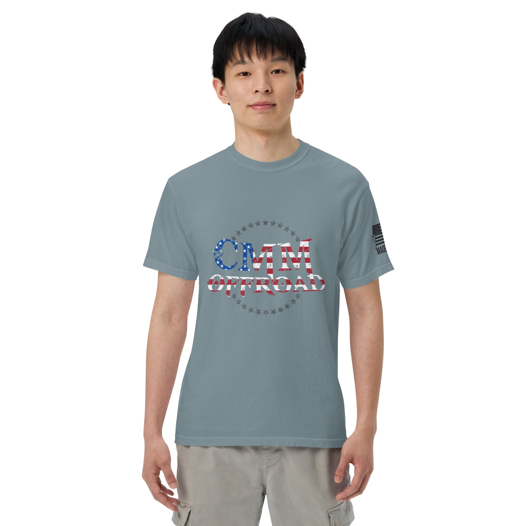 Unisex ice blue heavyweight t-shirt with CMM Offroad USA flag graphic, cargo shorts