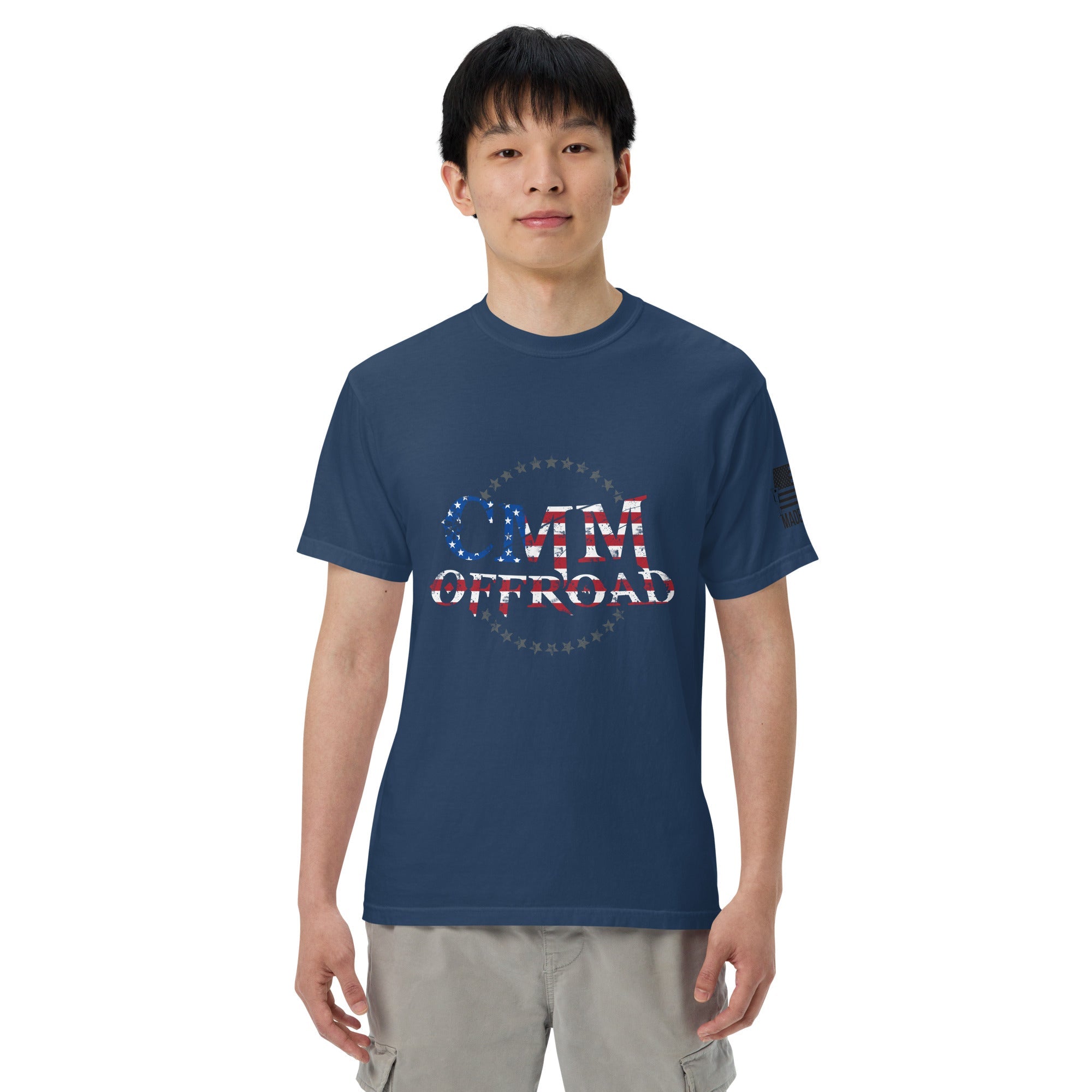 Unisex navy heavyweight t-shirt with CMM Offroad American flag graphic, front view