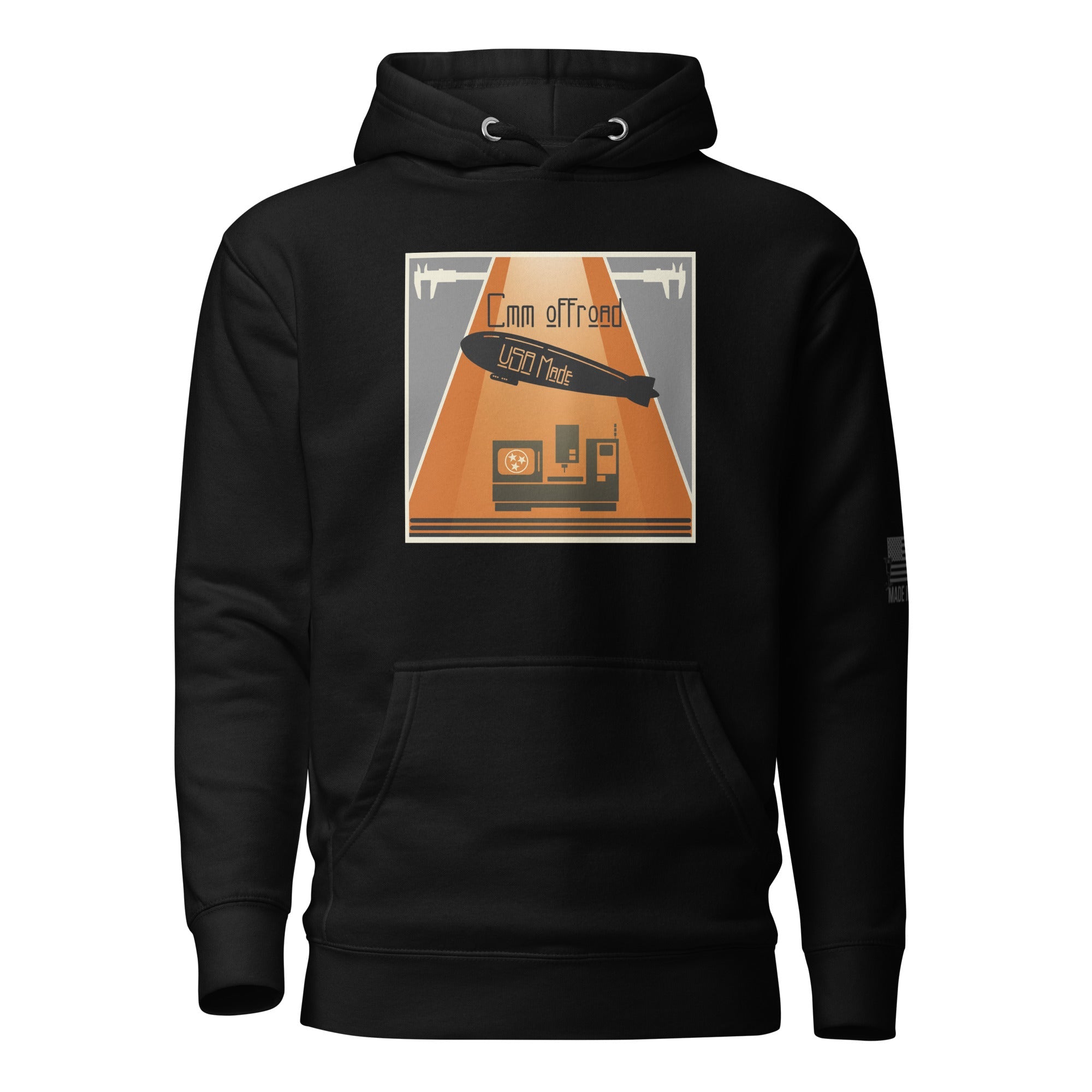 Black unisex premium hoodie with retro offroad graphic and orange, gray, and tan design.