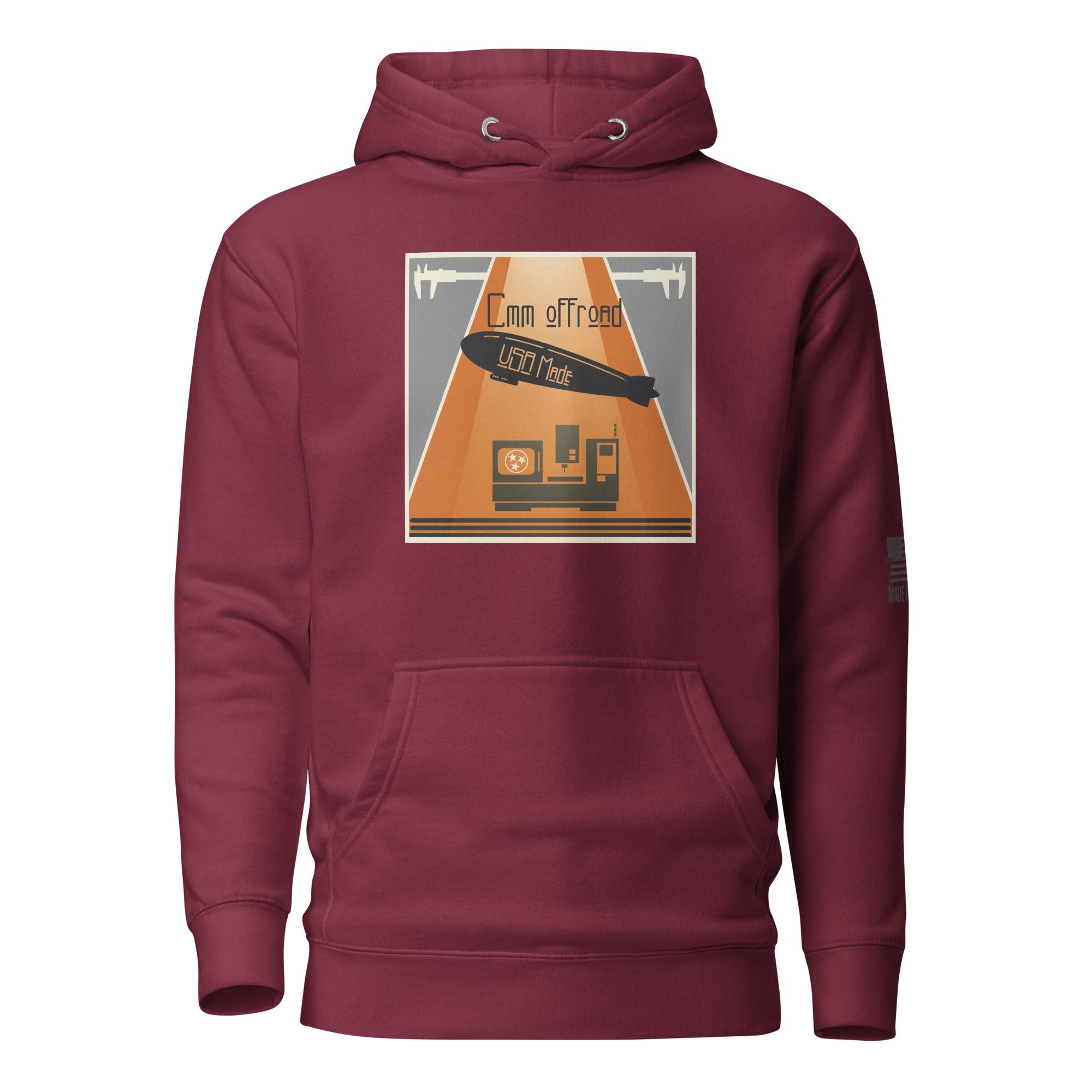 Maroon unisex hoodie with graphic off-road adventure design and front pocket