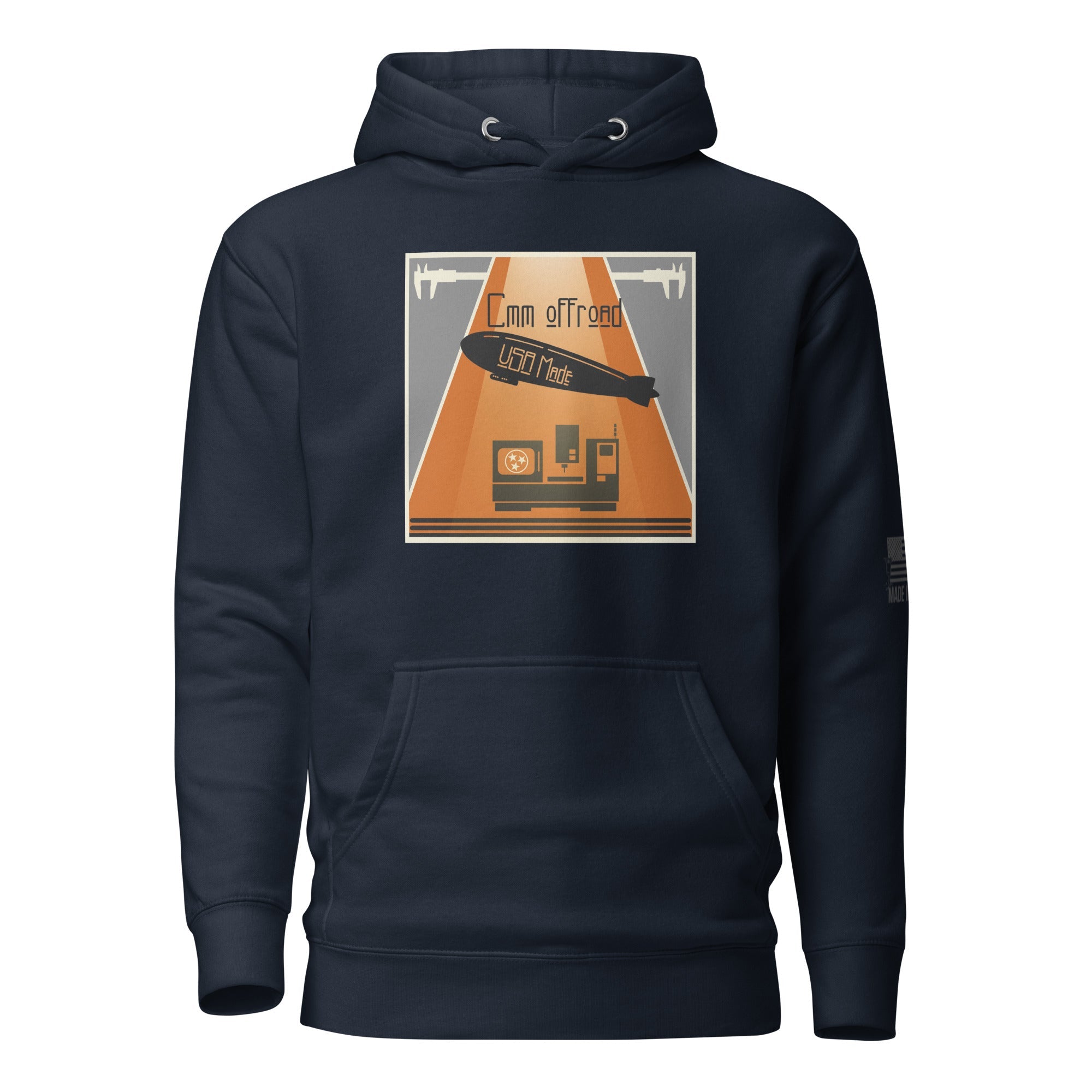 Unisex navy hoodie with orange and gray geometric offroad camping graphic on front
