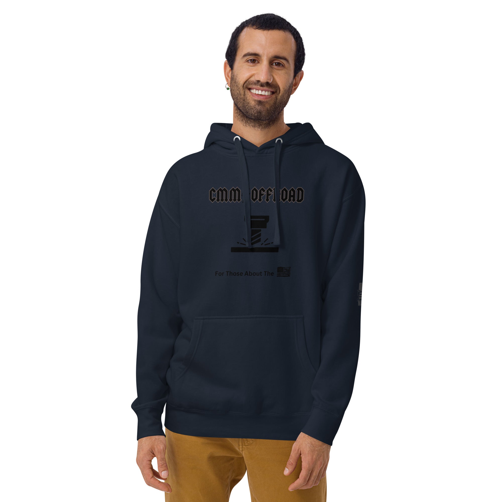 Man wearing navy blue unisex off-road hoodie with front pocket and adventure graphic print