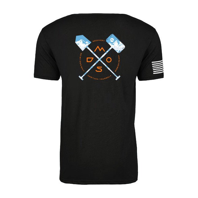 Black unisex t-shirt with crossed shovels graphic, outdoor adventure theme, flag sleeve detail.