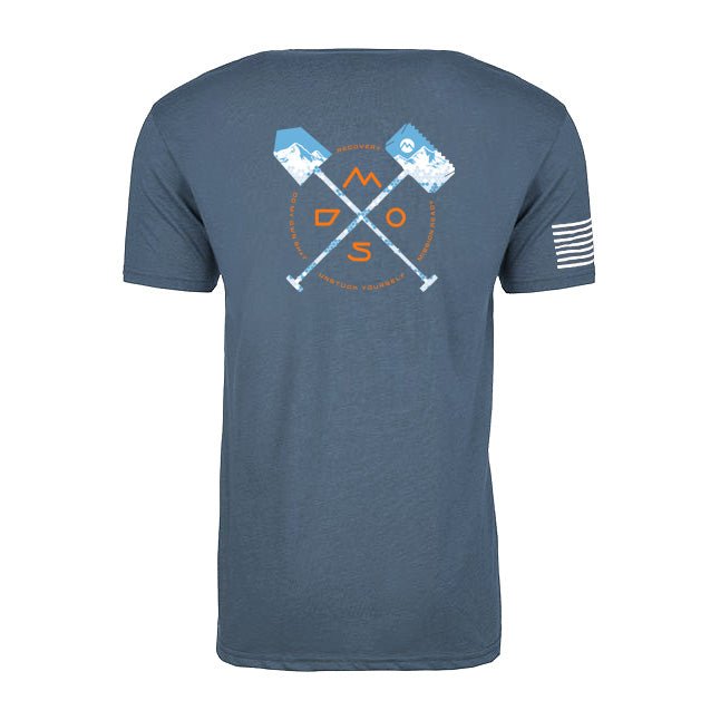 Indigo blue unisex t-shirt with crossed shovel graphic and US flag on sleeve, outdoors theme