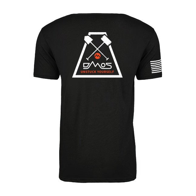 Black unisex t-shirt with DMOS logo, crossed shovels graphic, flag on sleeve