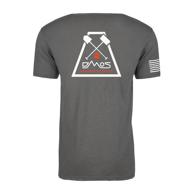 Gray unisex t-shirt with DMOS shovel logo on back and American flag on sleeve