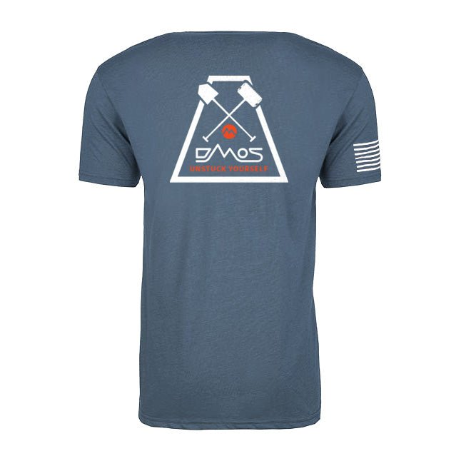 Blue unisex t-shirt with DMOS shovel graphic, 'Unstuck Yourself' text, and flag on sleeve