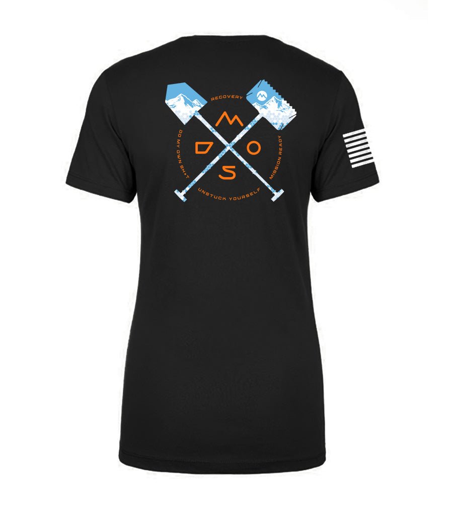 Women's black t-shirt with crossed shovels mountain graphic and flag on sleeve, adventure gear