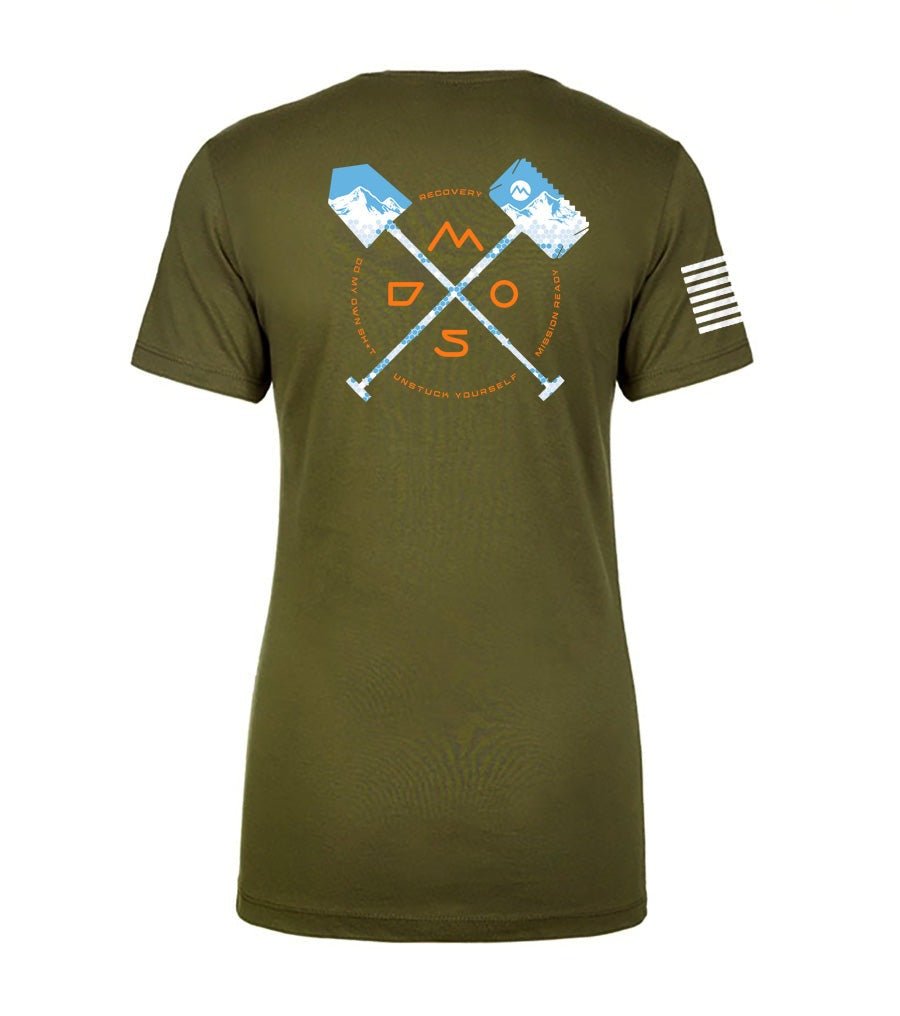 Olive green women's t-shirt with crossed shovels graphic and flag on sleeve, outdoor gear