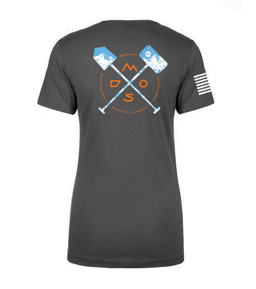 Women's charcoal t-shirt with crossed shovel graphic and American flag on sleeve, outdoor gear style