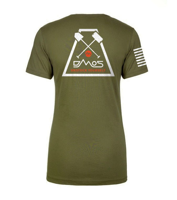 Olive green women's t-shirt with DMOS tool logo and American flag graphic on sleeve