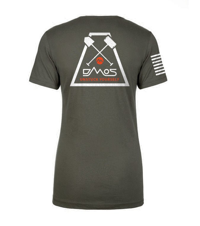 Women's olive green t-shirt with DMOS logo, two shovels graphic, and flag on sleeve.