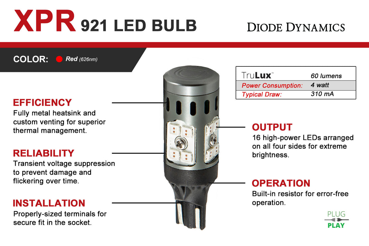 Diode Dynamics 921 XPR Red 3rd Brake Light LED Bulbs for trucks and SUVs – diagram