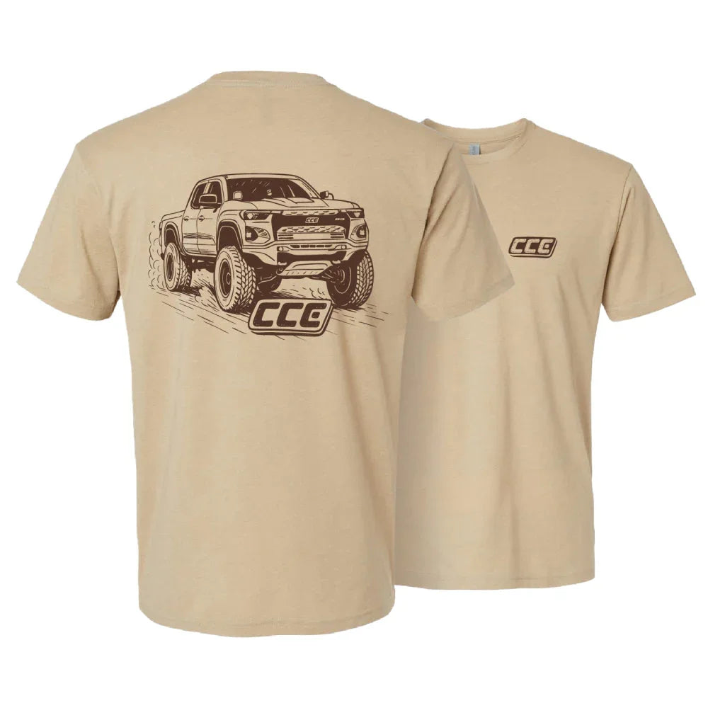 Beige t-shirt with off-road truck graphic and CCC logo, expedition camping apparel